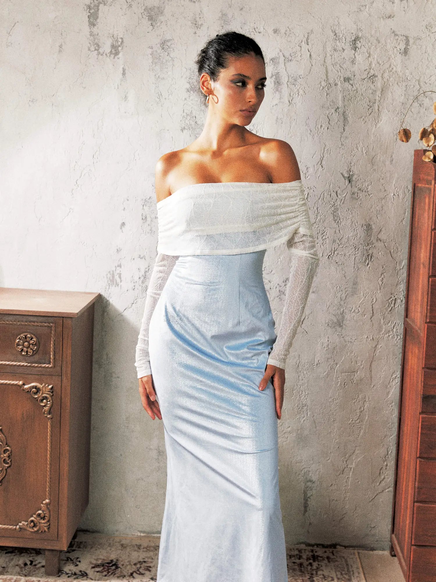 Blue Satin Lace Camisole Slip Dress V Neck T Shirt Long Sleeve