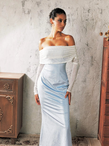 Blue Satin Lace Camisole Slip Dress V Neck T Shirt Long Sleeve