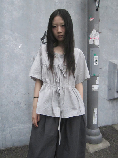ang project Korean Style Lightweight Tied Waist Pleated Single Row Button Short Sleeve Top