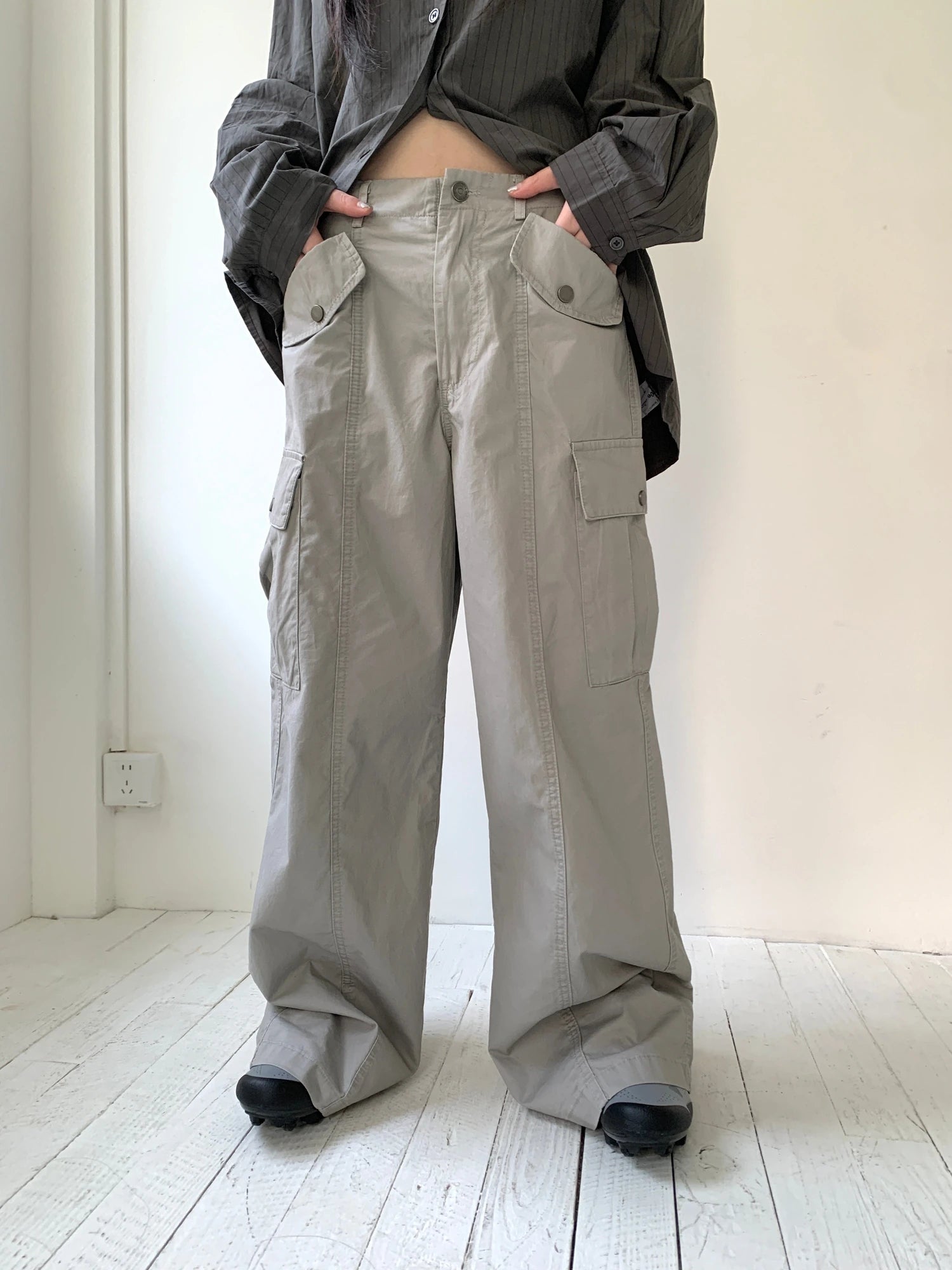 Vintage Washed Mid Low Rise Button Pocket Straight Leg Pants