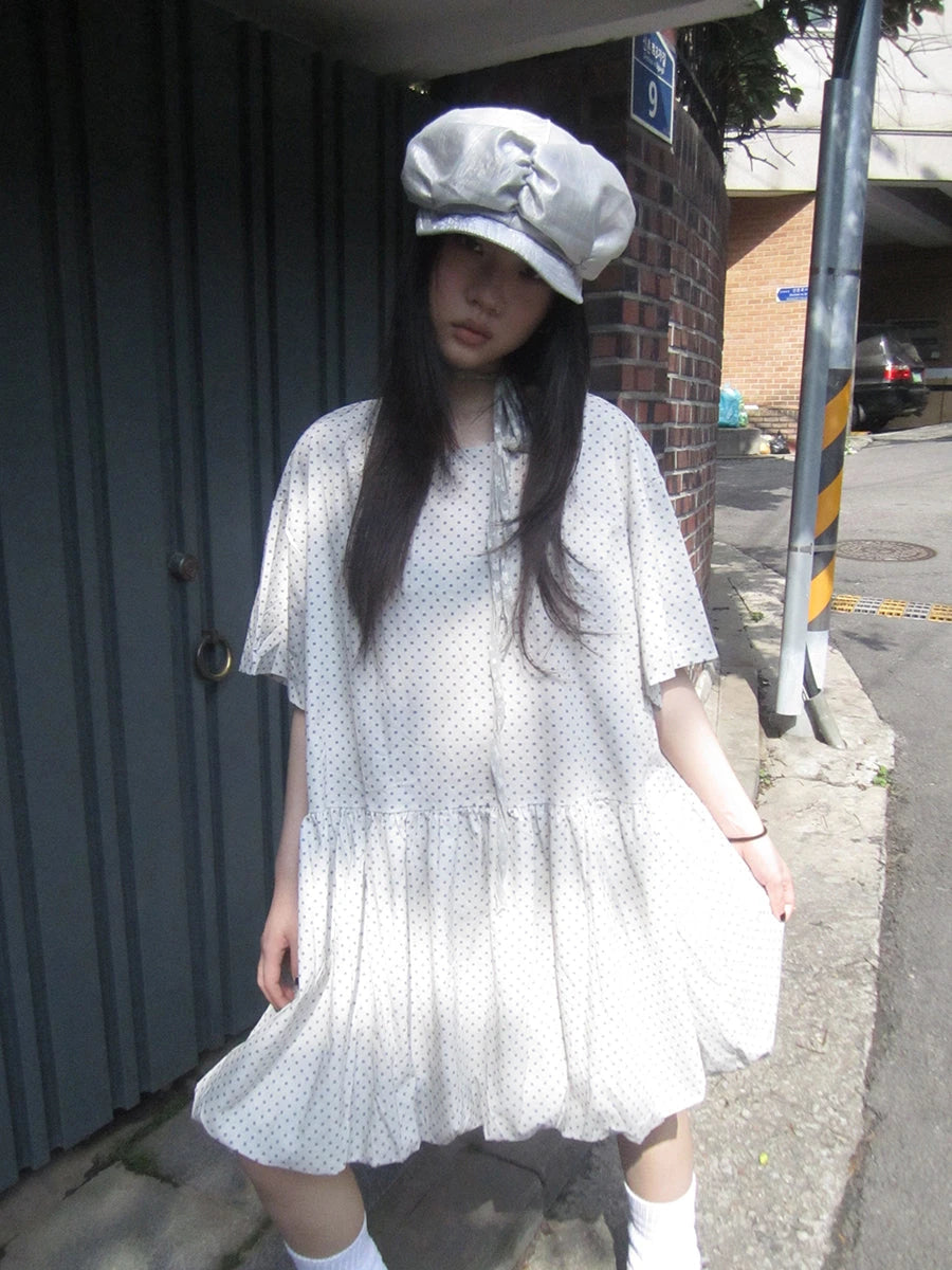 Polka Dot Summer Shift Dress with Puff Sleeves