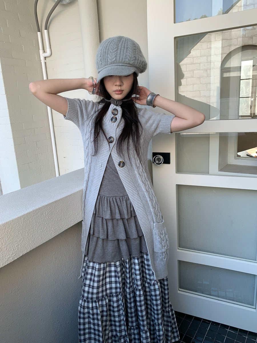 Updateang project Vintage Gray Mid Length Half Zip Knit Sweater Short Sleeve