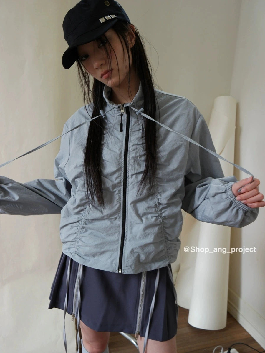 Pleated Drawstring Zipper Long Sleeve Jacket