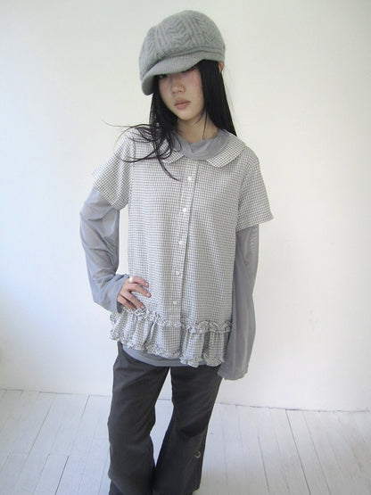 ang project Vintage Collar Checkered Ruffle Short Sleeve Shirt
