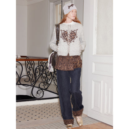 2th Desire Leopard Print Wool Blend Knit Cardigan With Heart Details