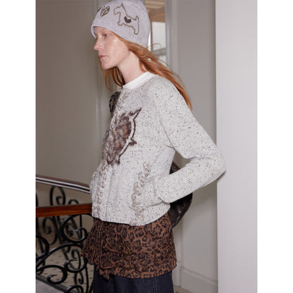 2th Desire Leopard Heart Black White Dog Fair Isle Knit Beanie