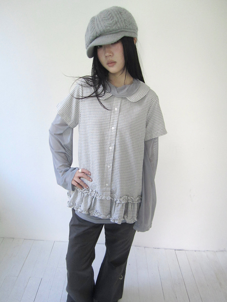 ang project Vintage Collar Checkered Ruffle Short Sleeve Shirt