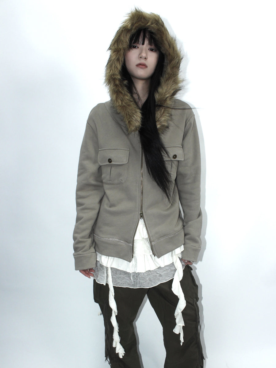 Updateang project Detachable Fur Hooded Fleece Sweatshirt With Pockets