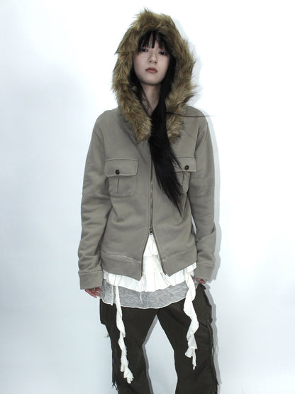Updateang project Detachable Fur Hooded Fleece Sweatshirt With Pockets