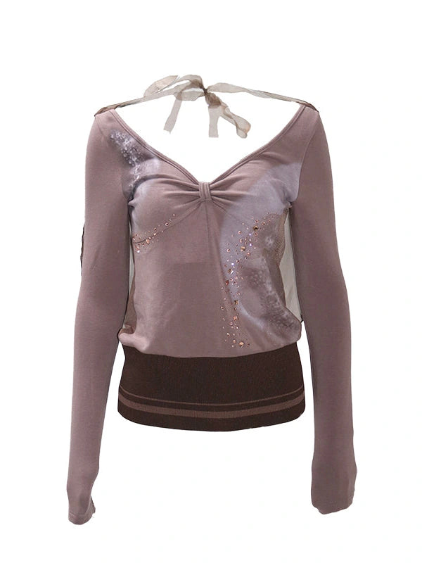 Stretch Knit Mesh Hooded Top With Floral Print And Rhinestones