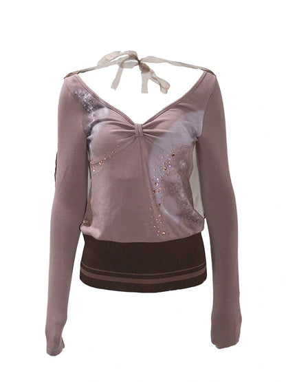 Stretch Knit Mesh Hooded Top With Floral Print And Rhinestones