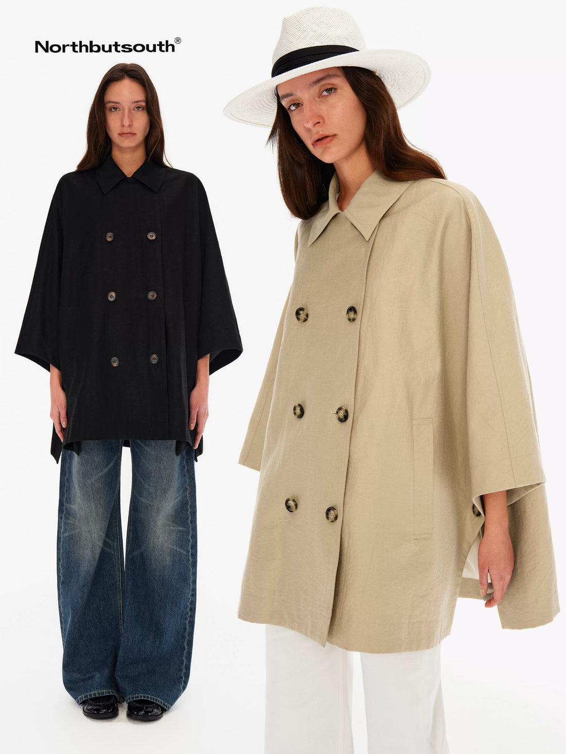 Light Sheen Crinkle Double Breasted Batwing Women&