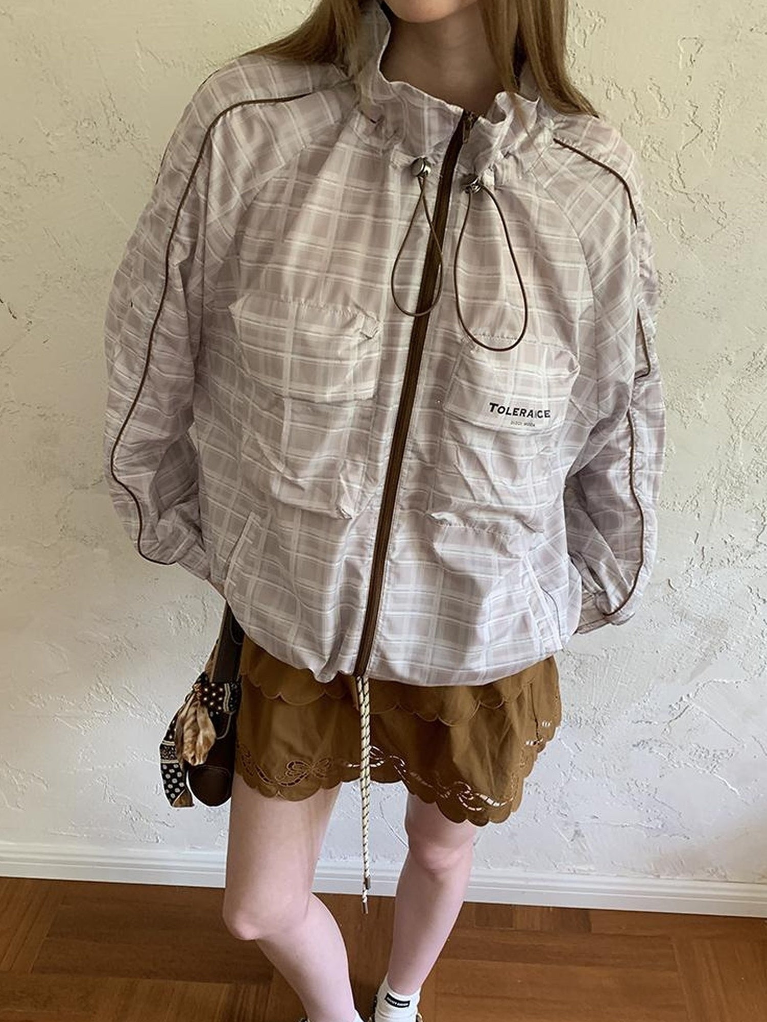 DIDDI MODA Lightweight Checkered Print Sunshade Jacket With 3D Pockets