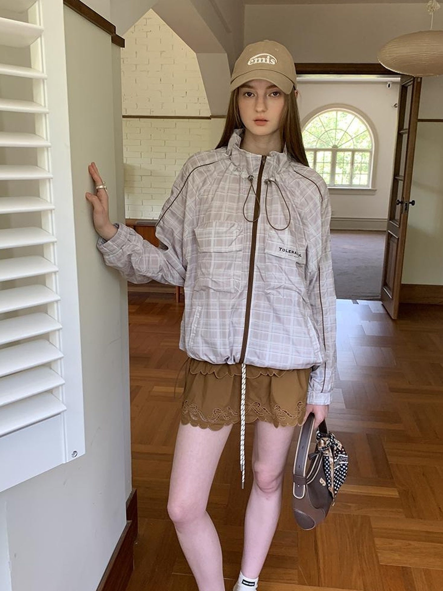 DIDDI MODA Lightweight Checkered Print Sunshade Jacket With 3D Pockets