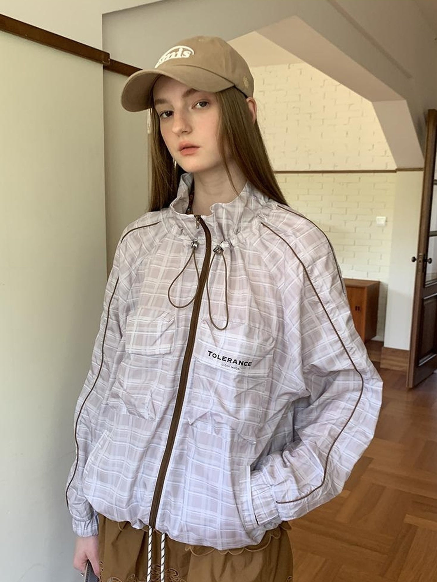 DIDDI MODA Lightweight Checkered Print Sunshade Jacket With 3D Pockets