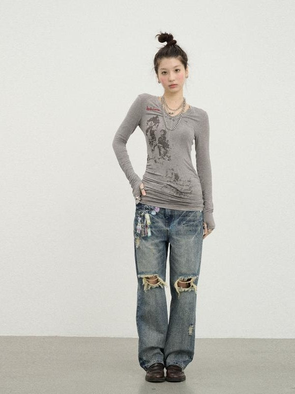 Lightweight Floral Embroidered Long Sleeve Spring T-shirt Top