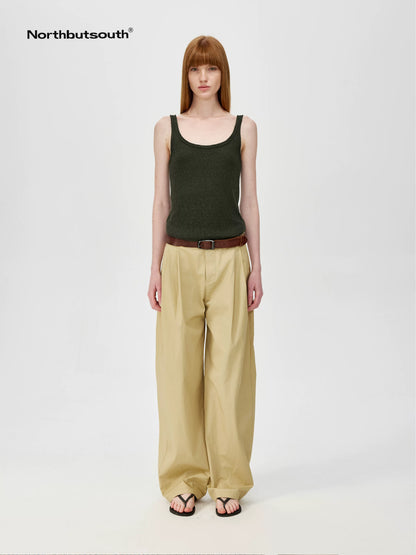 Lightweight Mid Low Waist Pleated Casual Trousers