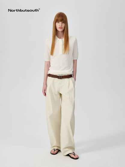 Lightweight Mid Low Waist Pleated Casual Trousers