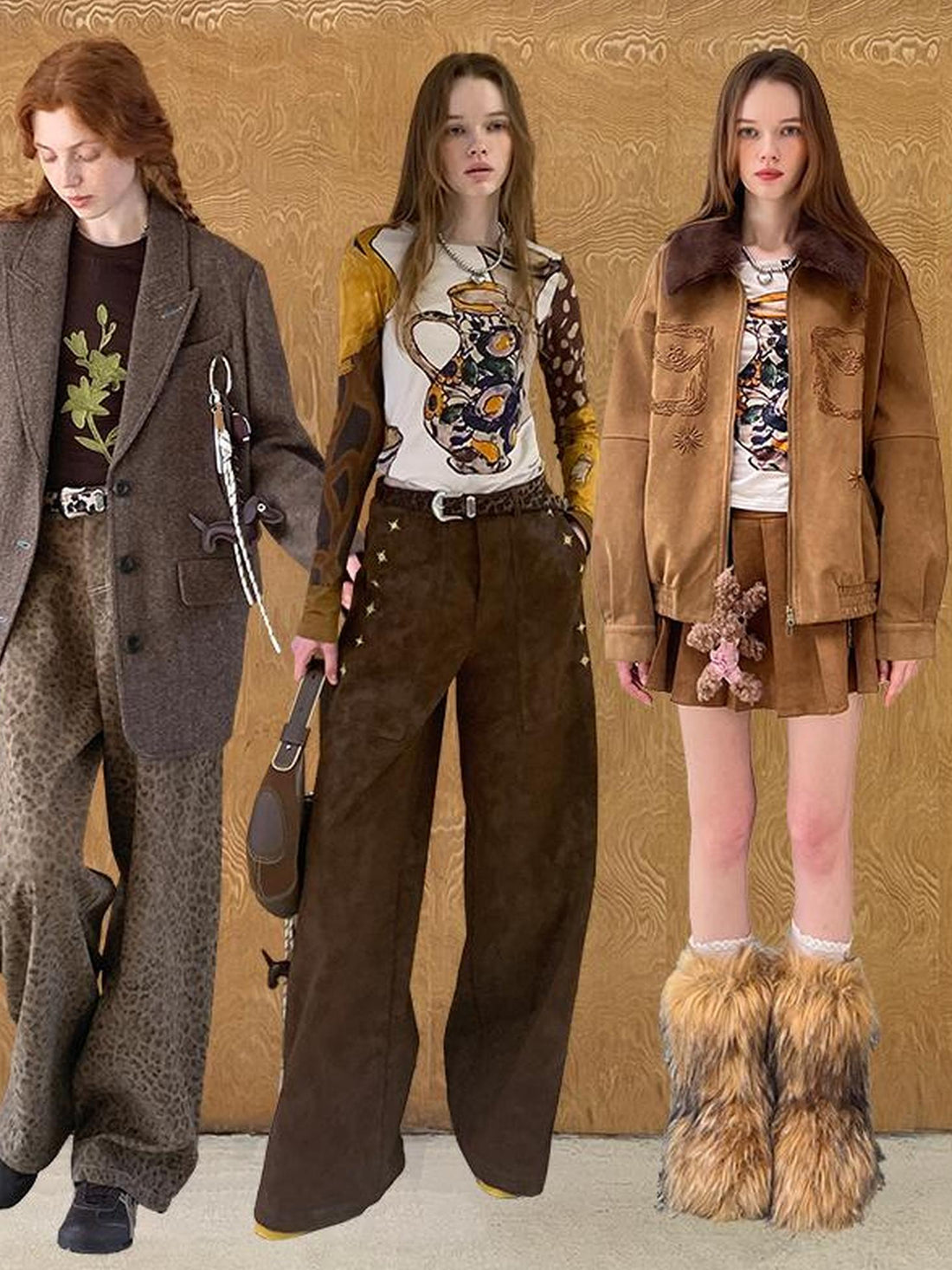 DIDDI MODA Lily Lace Knit Top Faux Fur Coat Straight Pu Pants Set