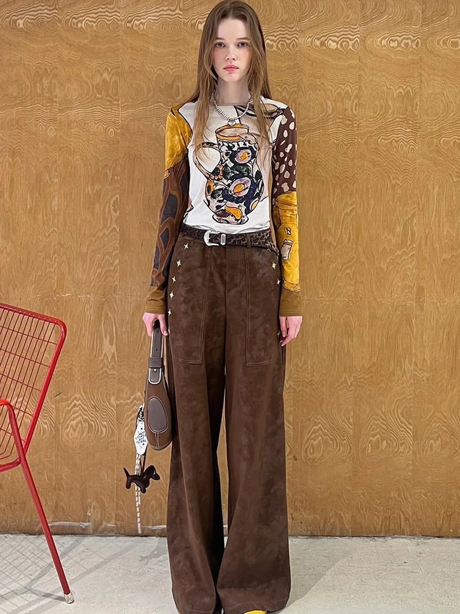Lily Lace Knit Top Faux Fur Coat Straight Pu Pants Set