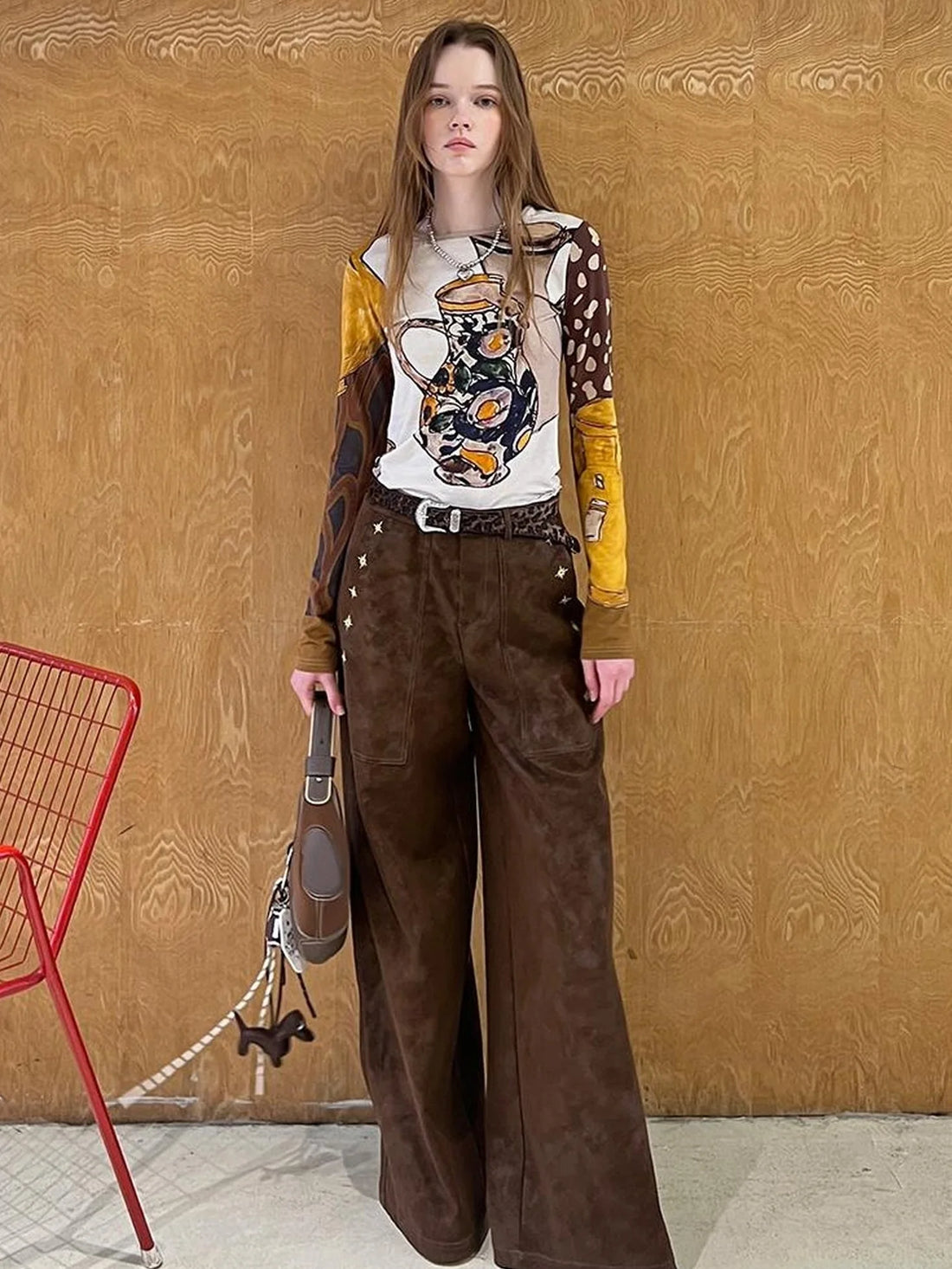 Lily Lace Knit Top Faux Fur Coat Straight Pu Pants Set