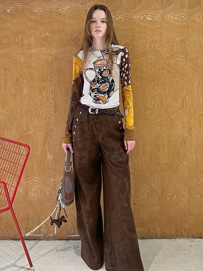Lily Lace Knit Top Faux Fur Coat Straight Pu Pants Set