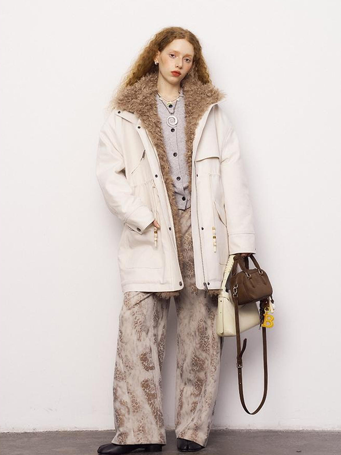 DIDDI MODA Longline Quilted Parka With Fur Trim Relaxed Fit