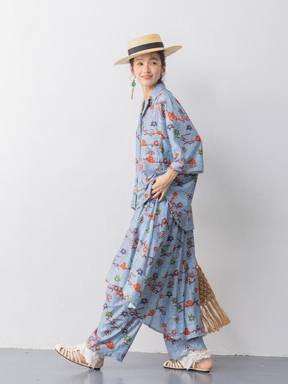 Sweet Mi Loose Cuban Print Shirt Culottes Set Summer Stretch Comfort