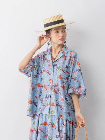 Sweet Mi Loose Cuban Print Shirt Culottes Set Summer Stretch Comfort