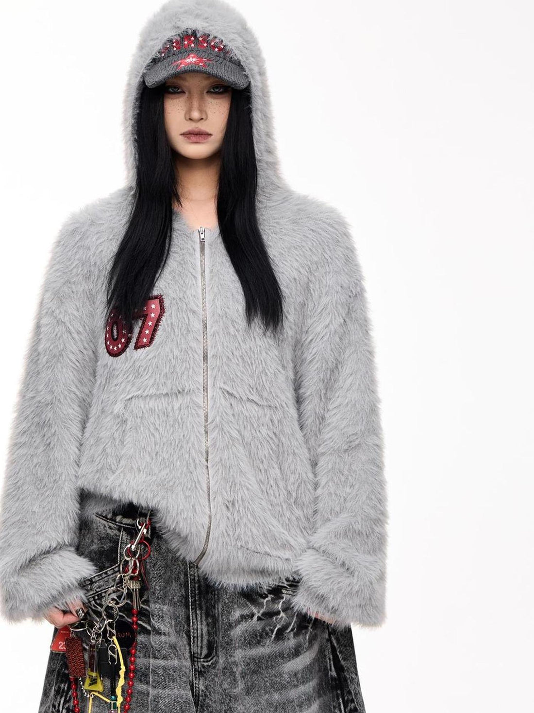 Peoplesense Loose Fit Imitation Sable Wool Hooded Cardigan With Embroidery