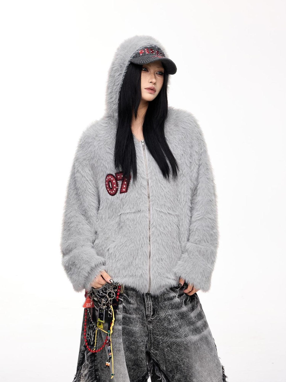 Peoplesense Loose Fit Imitation Sable Wool Hooded Cardigan With Embroidery