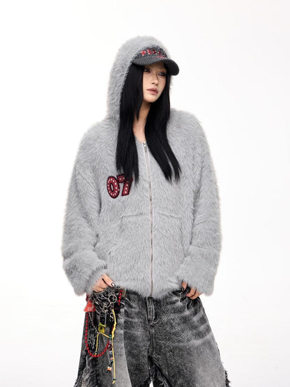 Peoplesense Loose Fit Imitation Sable Wool Hooded Cardigan With Embroidery
