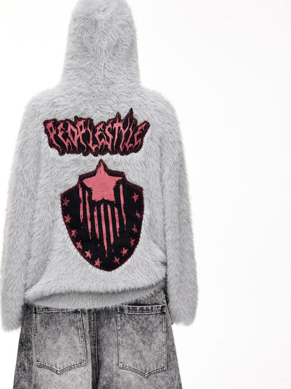Peoplesense Loose Fit Imitation Sable Wool Hooded Cardigan With Embroidery