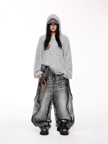 Peoplesense Loose Fit Imitation Sable Wool Hooded Cardigan With Embroidery