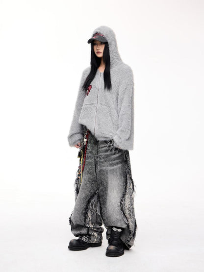 Peoplesense Loose Fit Imitation Sable Wool Hooded Cardigan With Embroidery