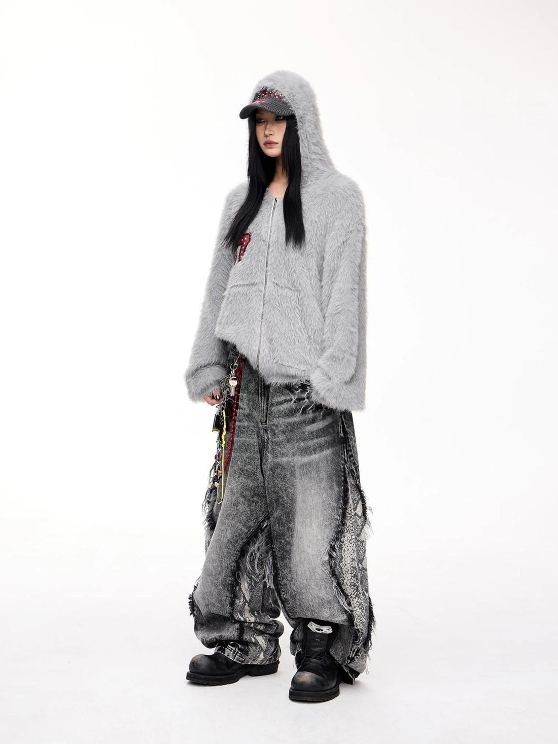 Loose Fit Imitation Sable Wool Hooded Cardigan With Embroidery