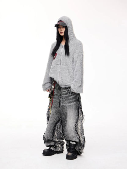 Loose Fit Imitation Sable Wool Hooded Cardigan With Embroidery
