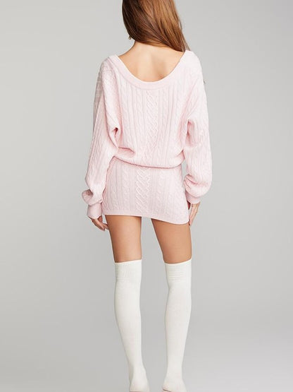 Loose Knit Backless Long Sleeve Dress with Belt Dresses