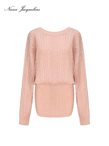 Loose Knit Backless Long Sleeve Dress with Belt Dresses