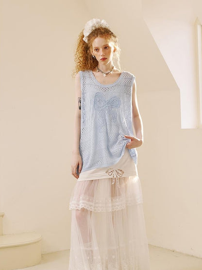 DIDDI MODA Loose Knit Vest With Bow Embroidery And Hollow Out