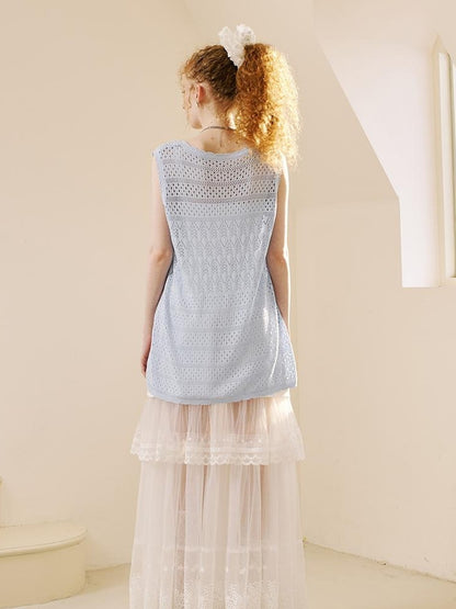 DIDDI MODA Loose Knit Vest With Bow Embroidery And Hollow Out