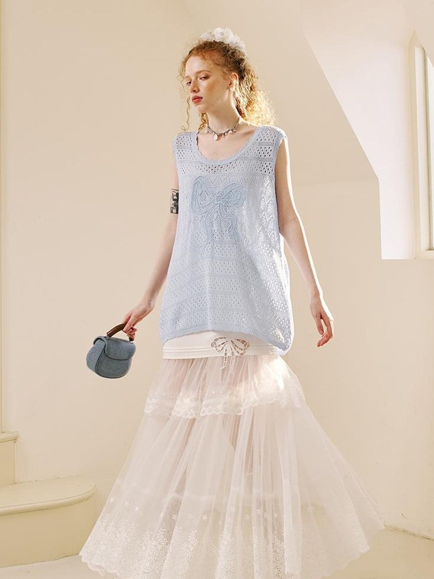 DIDDI MODA Loose Knit Vest With Bow Embroidery And Hollow Out