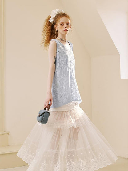 DIDDI MODA Loose Knit Vest With Bow Embroidery And Hollow Out