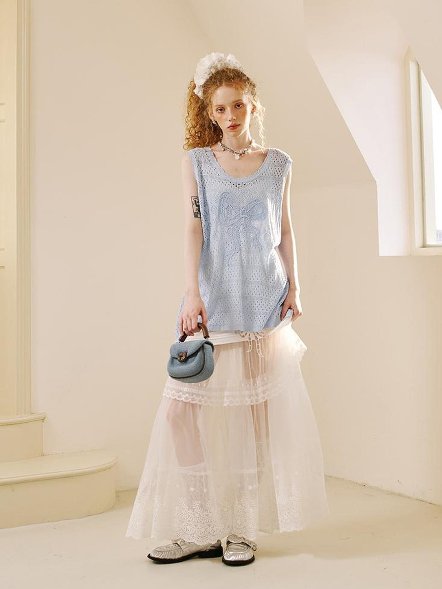 DIDDI MODA Loose Knit Vest With Bow Embroidery And Hollow Out