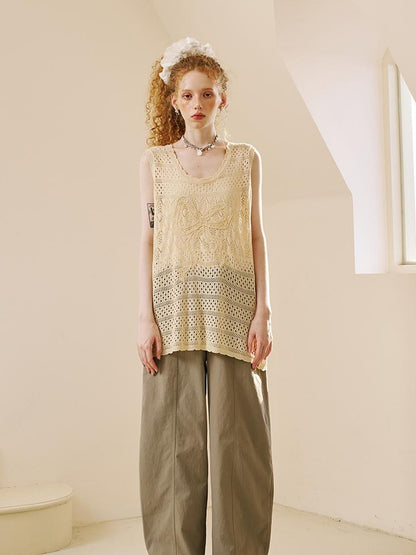 DIDDI MODA Loose Knit Vest With Bow Embroidery And Hollow Out