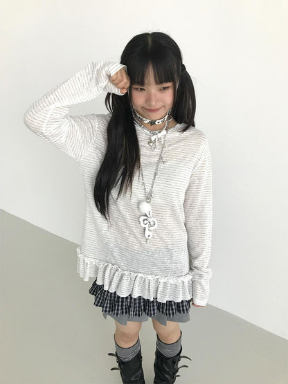 atrandom Loose Long Sleeve Lace Embroidered Striped Layering Top Blouse