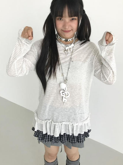atrandom Loose Long Sleeve Lace Embroidered Striped Layering Top Blouse
