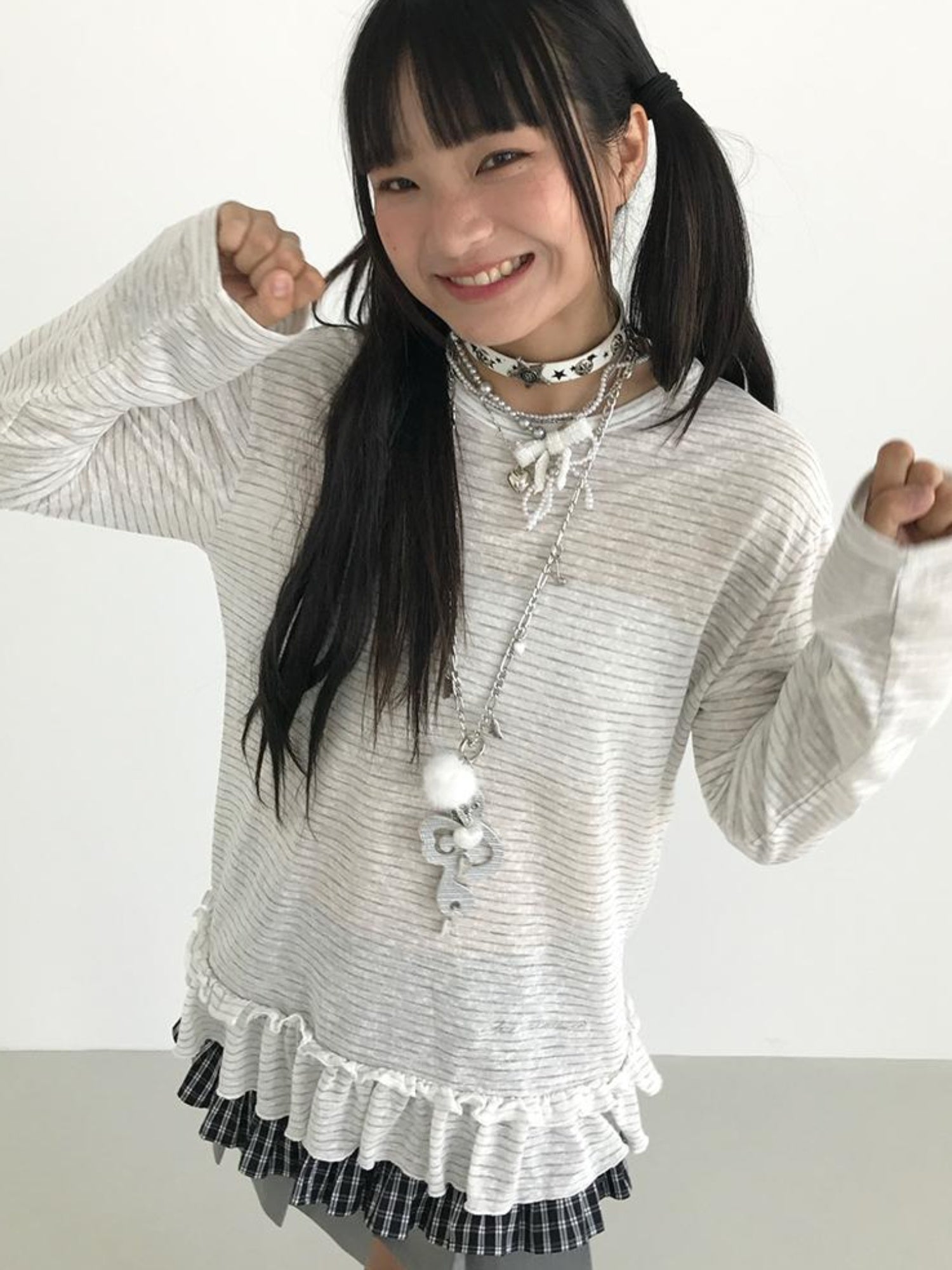atrandom Loose Long Sleeve Lace Embroidered Striped Layering Top Blouse