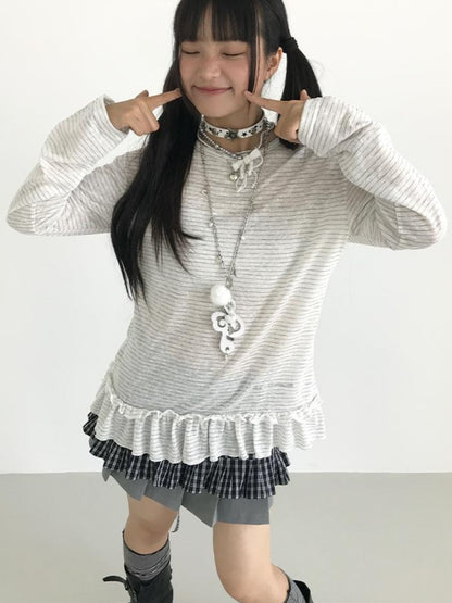 atrandom Loose Long Sleeve Lace Embroidered Striped Layering Top Blouse