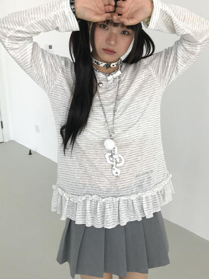 atrandom Loose Long Sleeve Lace Embroidered Striped Layering Top Blouse